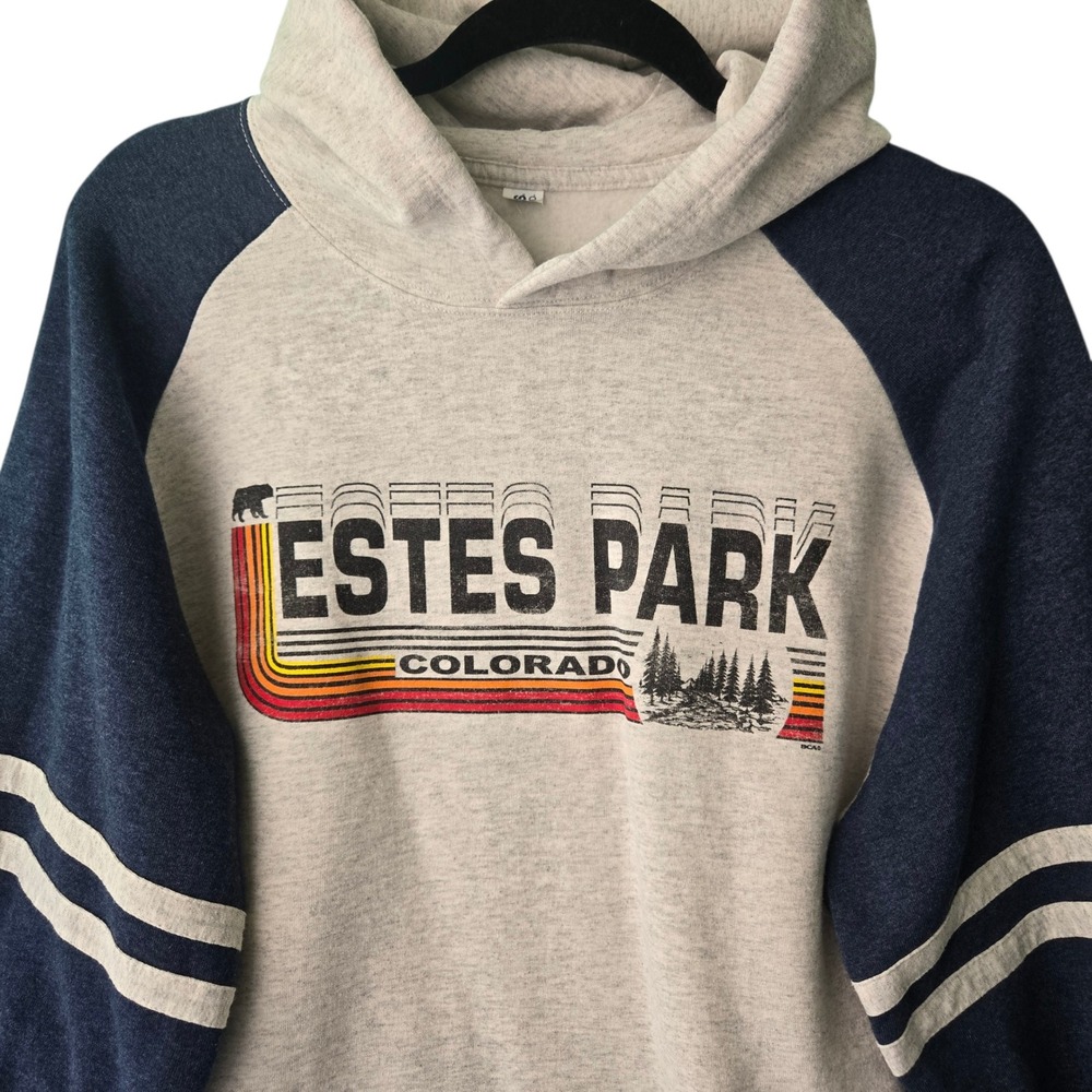 BCA Estes Park Colorado Retro Graphic Raglan Hoodie Gray Navy Blue‎ Mens XL